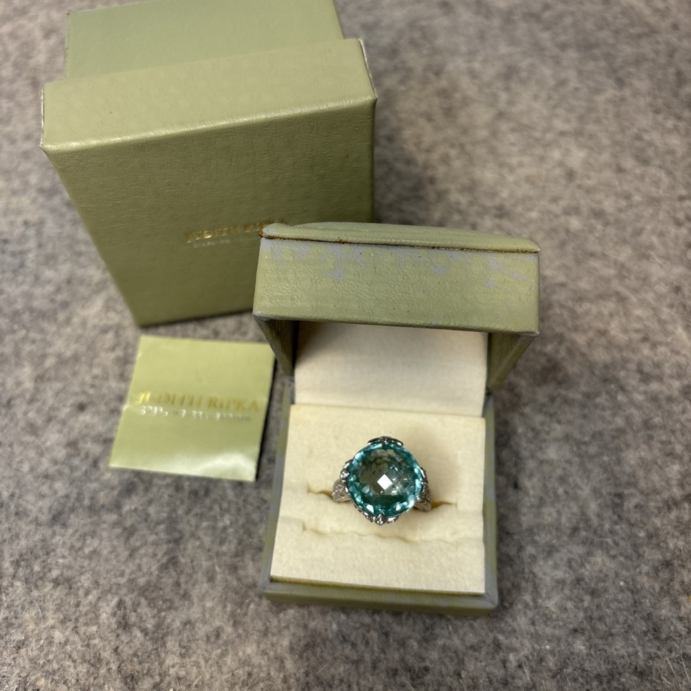 Judith Ripka 925 Sterling Silver Blue Topaz Cushion Ring Size 7 NIB